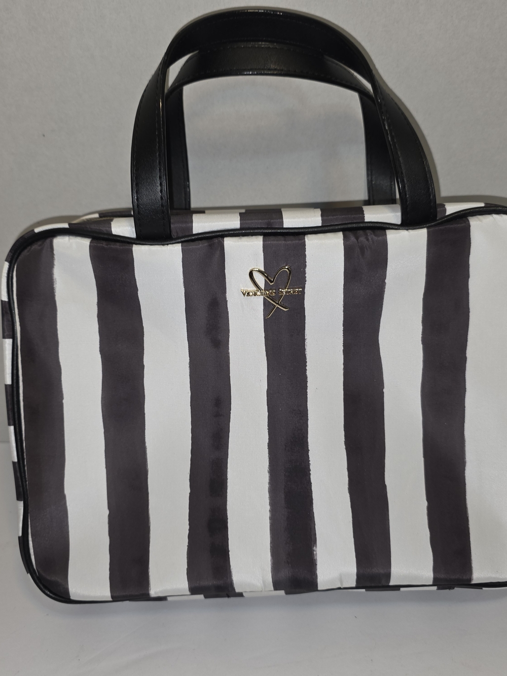 Victoria's Secret Black and White Striped Cosmetic Case with Gold Logo